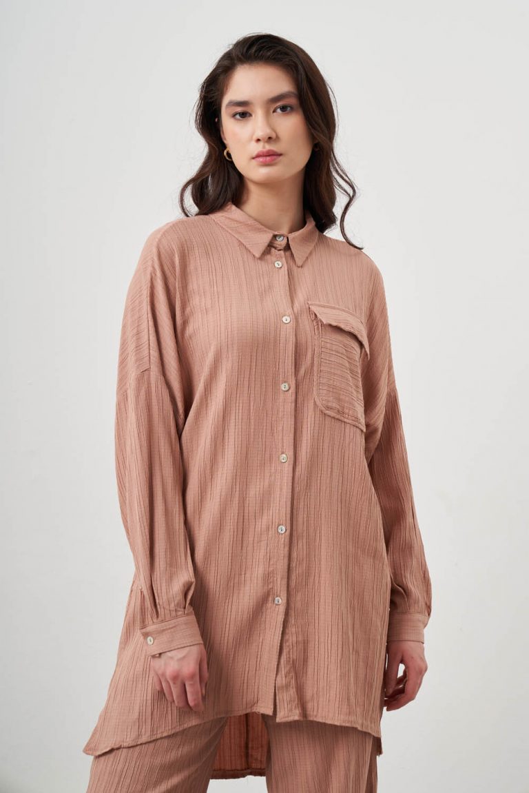 Mizalle Oversize Cepli Özel Dokuma Uzun Camel Tunik - Mizalle