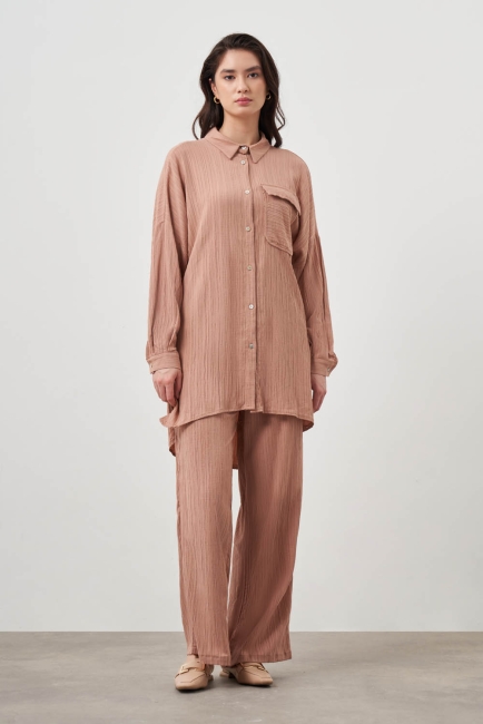 Mizalle - Mizalle Oversize Cepli Özel Dokuma Uzun Camel Tunik