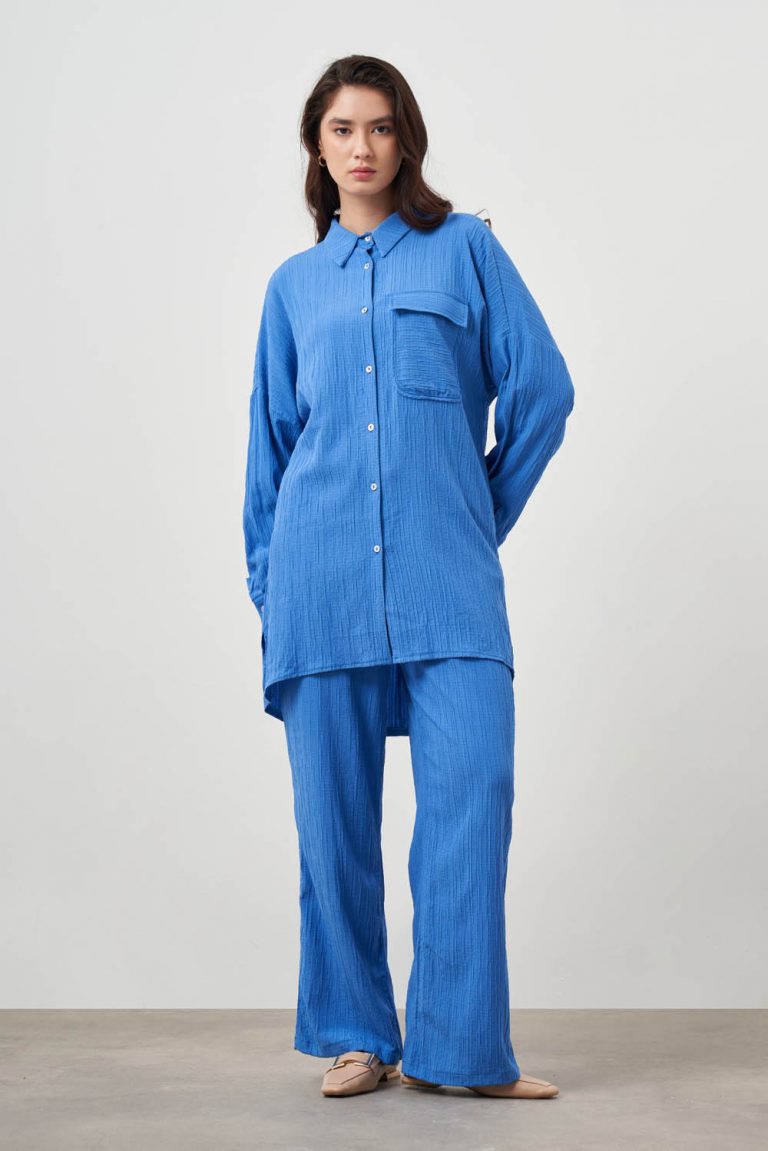 Mizalle Oversize Cepli Özel Dokuma Uzun Mavi Tunik - Mizalle