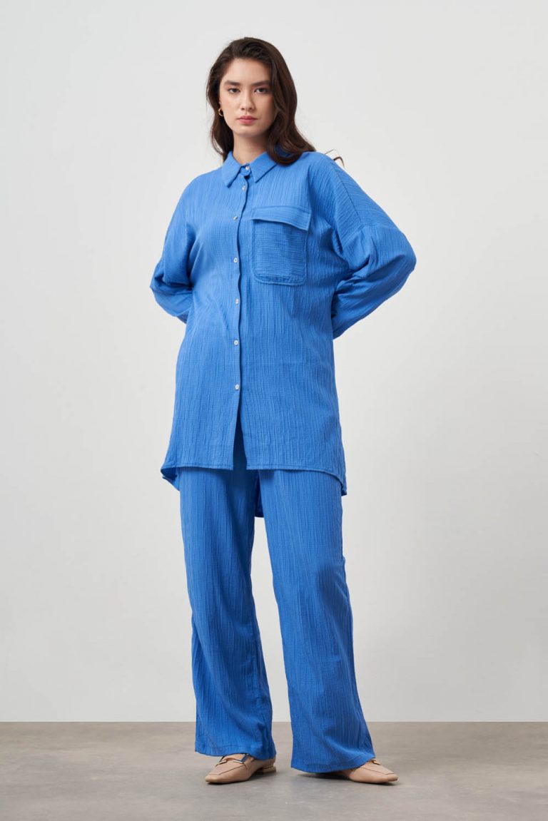 Mizalle Oversize Cepli Özel Dokuma Uzun Mavi Tunik - Mizalle