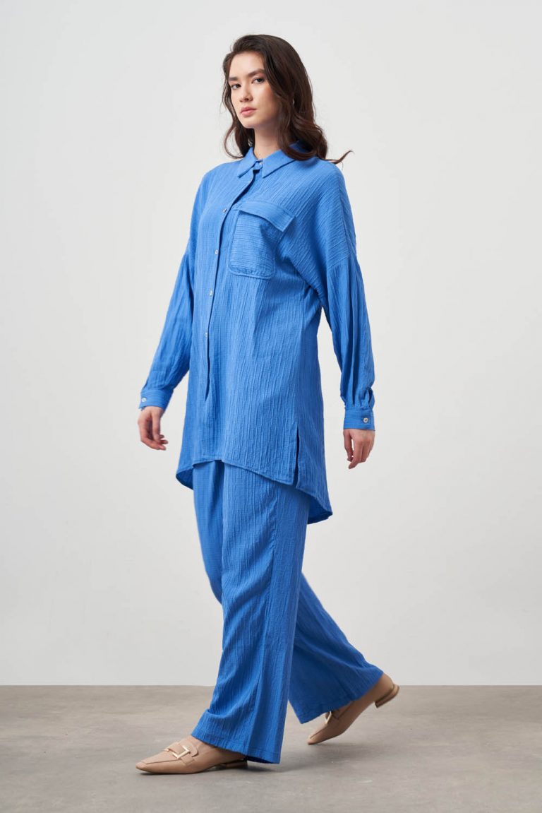 Mizalle Oversize Cepli Özel Dokuma Uzun Mavi Tunik - Mizalle
