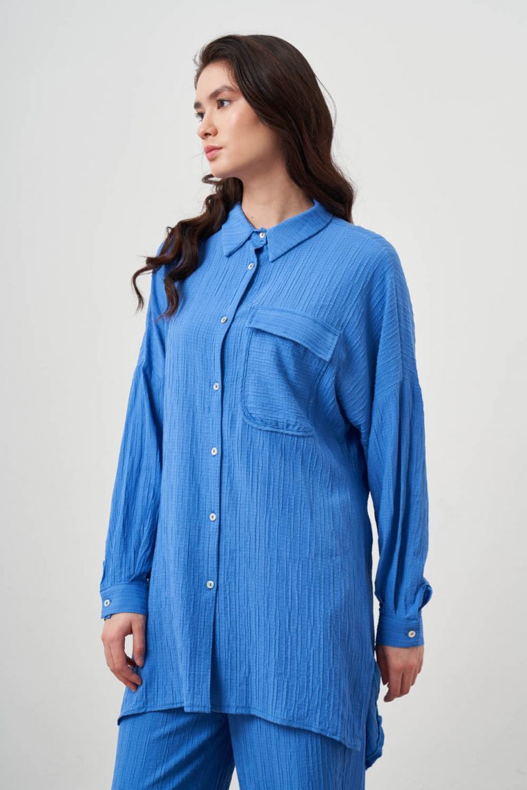 Mizalle Oversize Cepli Özel Dokuma Uzun Mavi Tunik - Mizalle