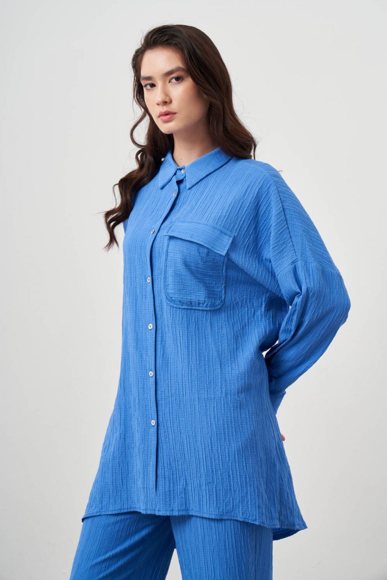 Mizalle Oversize Cepli Özel Dokuma Uzun Mavi Tunik - Mizalle