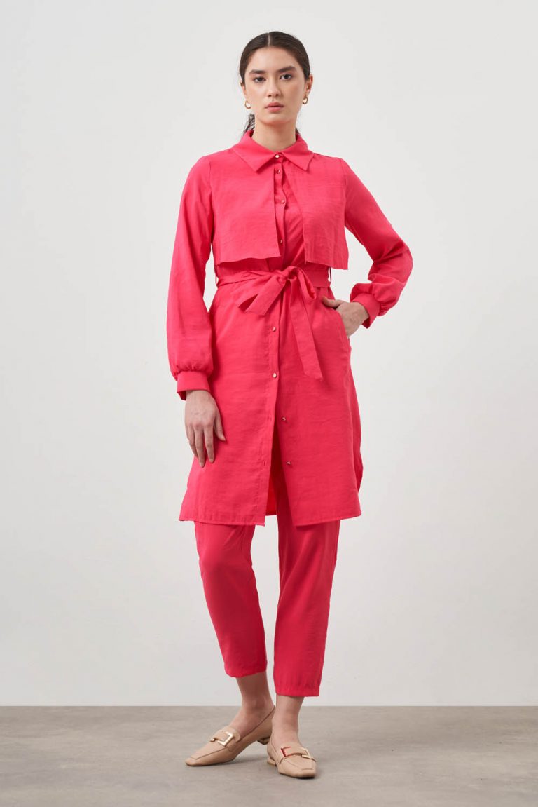 Mizalle Göğüs Parça Detaylı Kuşaklı Fuşya Mavi Tunik - Mizalle