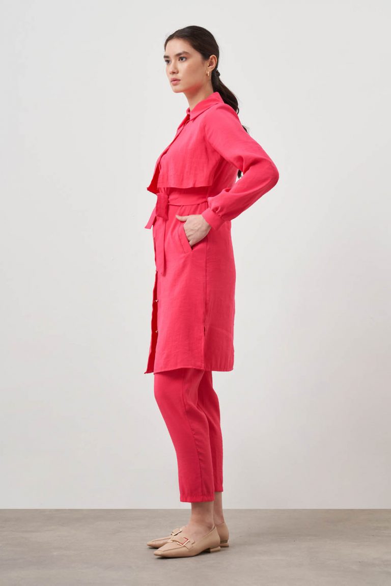 Mizalle Göğüs Parça Detaylı Kuşaklı Fuşya Mavi Tunik - Mizalle