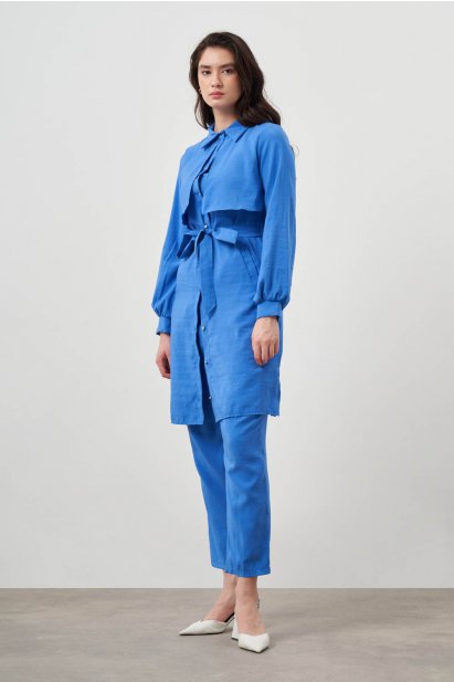 Mizalle Göğüs Parça Detaylı Kuşaklı İndigo Mavi Tunik - Mizalle