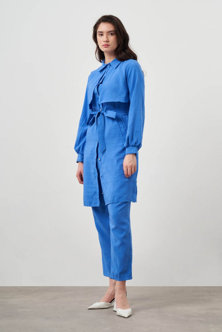 Mizalle Göğüs Parça Detaylı Kuşaklı İndigo Mavi Tunik - Mizalle