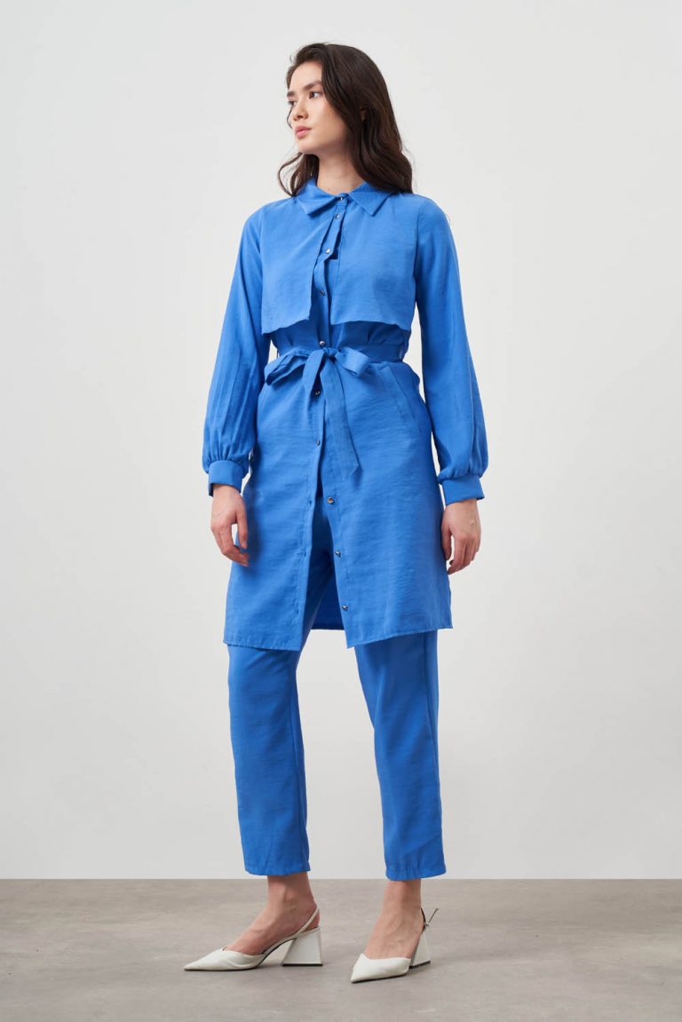 Mizalle Göğüs Parça Detaylı Kuşaklı İndigo Mavi Tunik - Mizalle