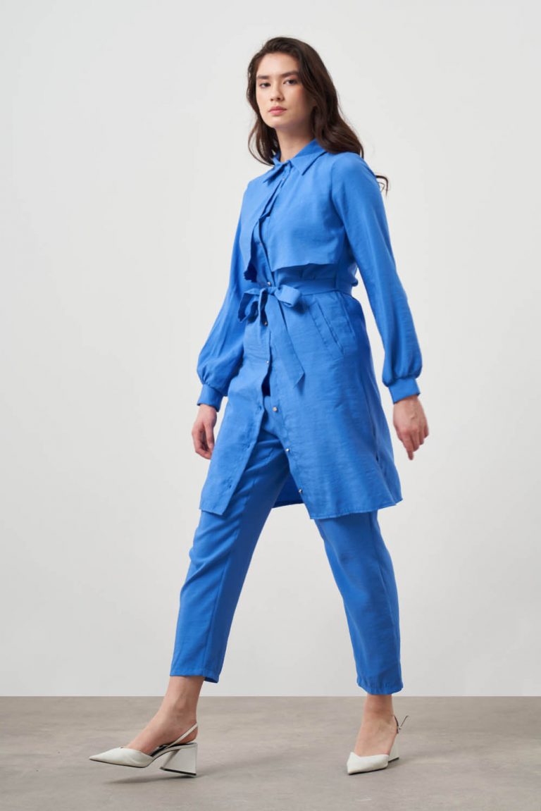 Mizalle Göğüs Parça Detaylı Kuşaklı İndigo Mavi Tunik - Mizalle