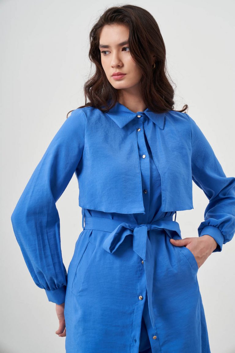 Mizalle Göğüs Parça Detaylı Kuşaklı İndigo Mavi Tunik - Mizalle