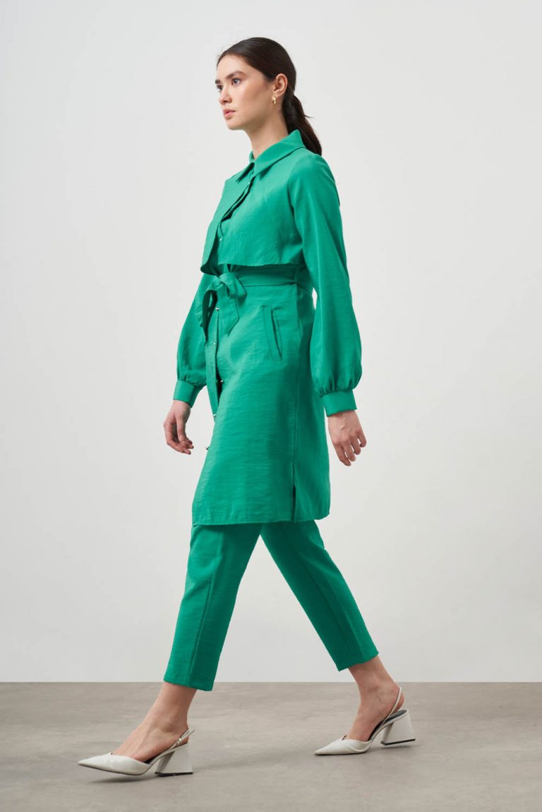 Mizalle Göğüs Parça Detaylı Kuşaklı Yeşil Tunik - Mizalle