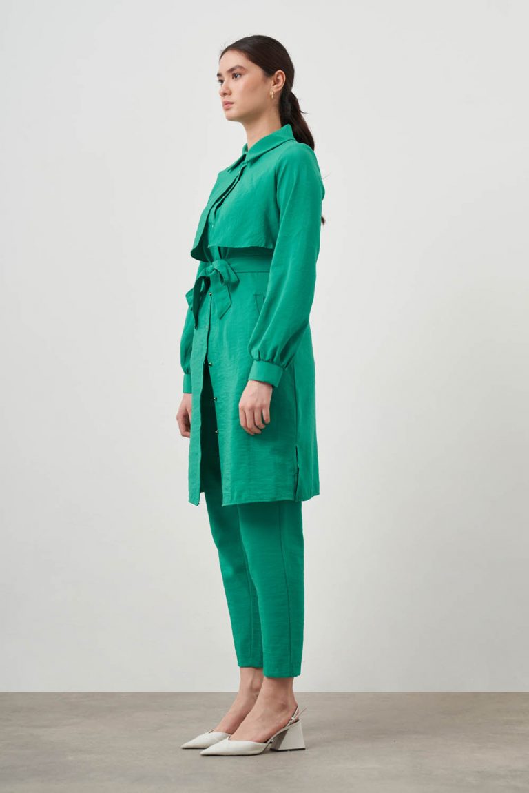 Mizalle Göğüs Parça Detaylı Kuşaklı Yeşil Tunik - Mizalle