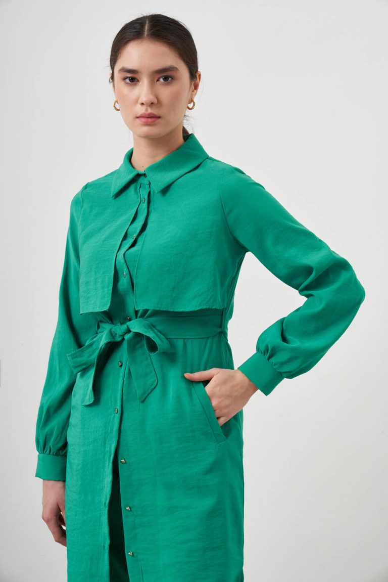 Mizalle Göğüs Parça Detaylı Kuşaklı Yeşil Tunik - Mizalle