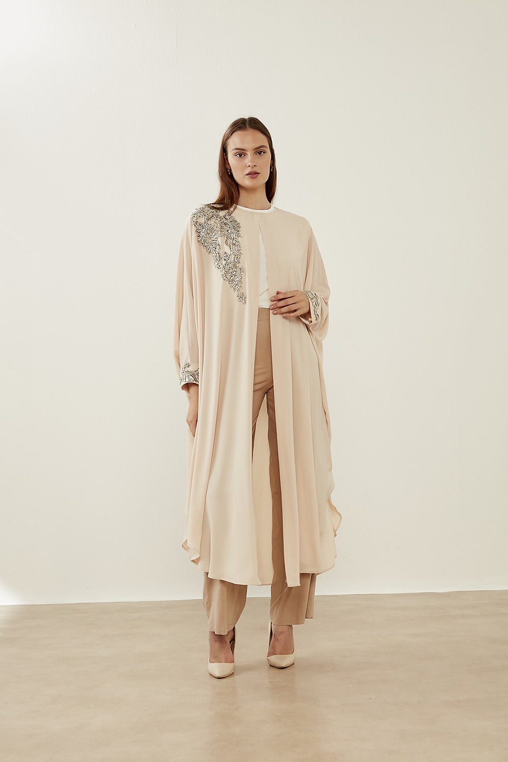 Mizalle Lame Boncuk İşli Pudra Epebe Şifon Abaya