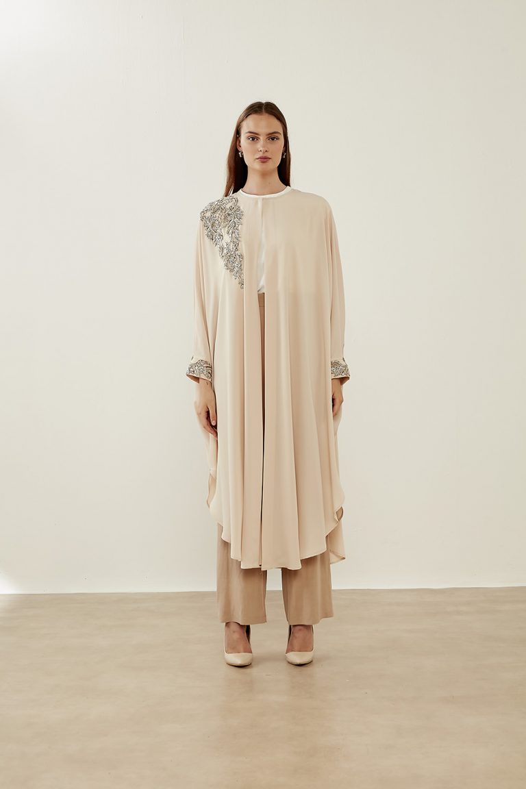 Mizalle Lame Boncuk İşli Pudra Epebe Şifon Abaya - Mizalle