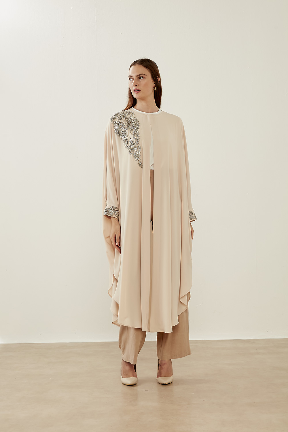 Mizalle Lame Boncuk İşli Pudra Epebe Şifon Abaya