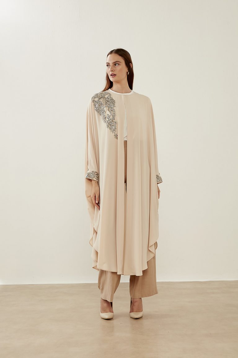 Mizalle Lame Boncuk İşli Pudra Epebe Şifon Abaya - Mizalle