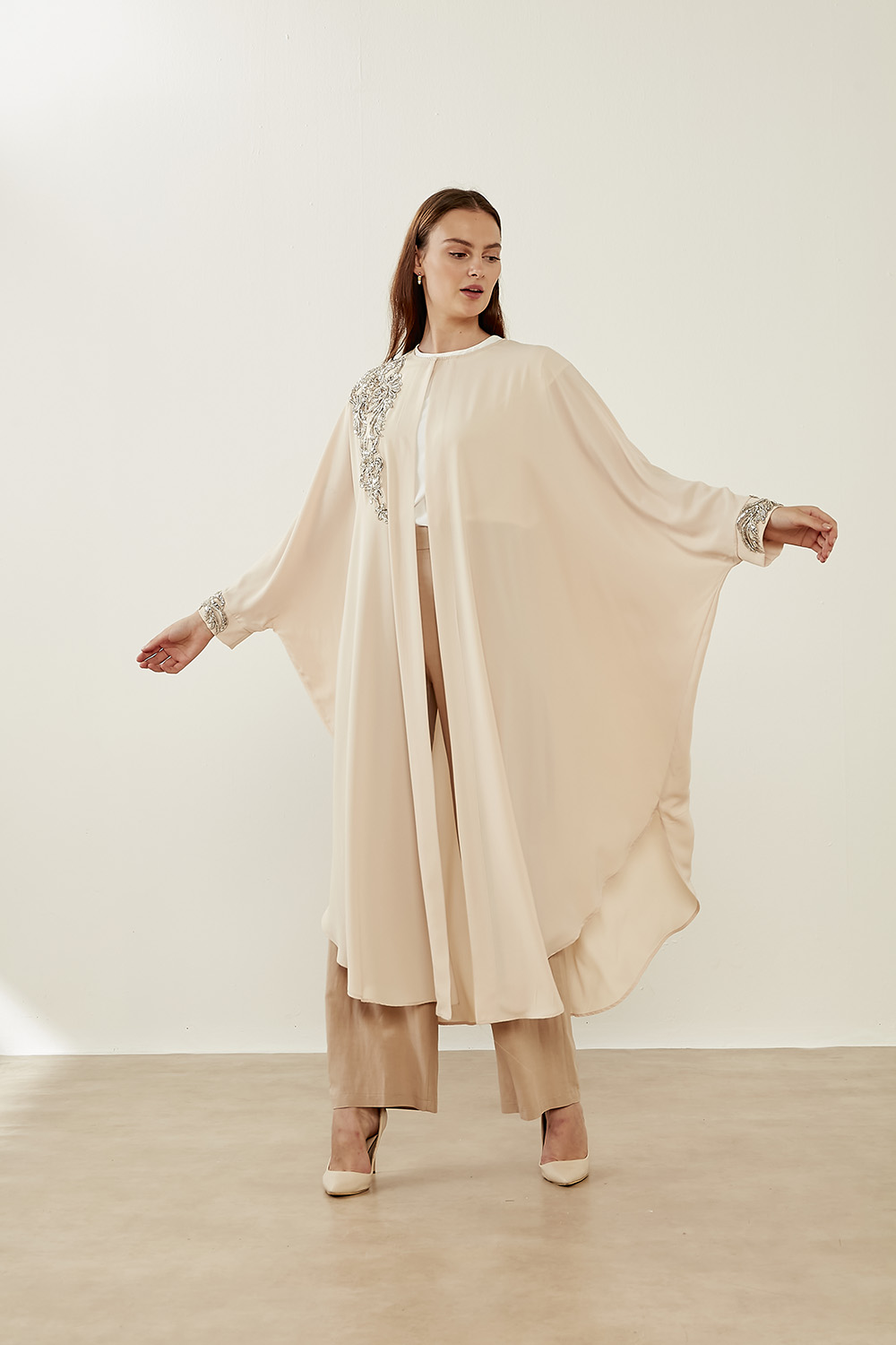 Mizalle Lame Boncuk İşli Pudra Epebe Şifon Abaya