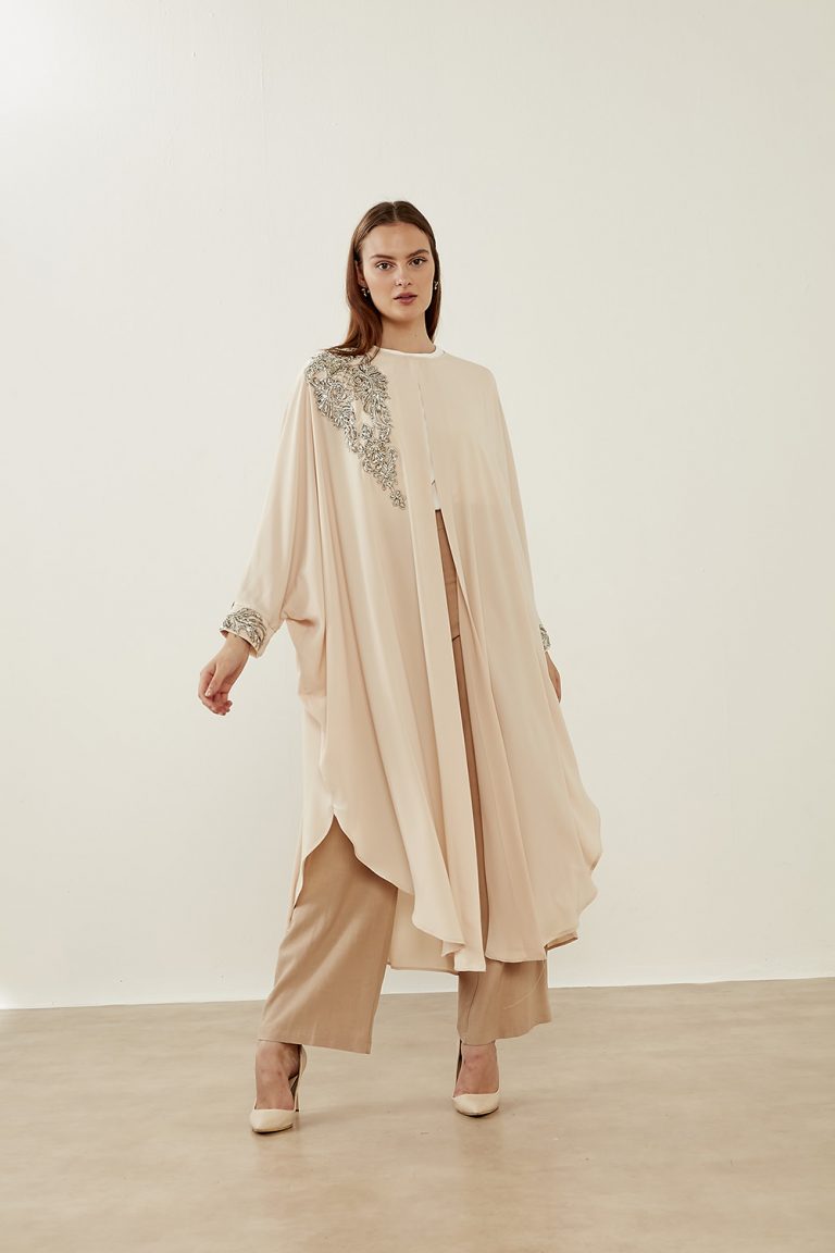 Mizalle Lame Boncuk İşli Pudra Epebe Şifon Abaya - Mizalle