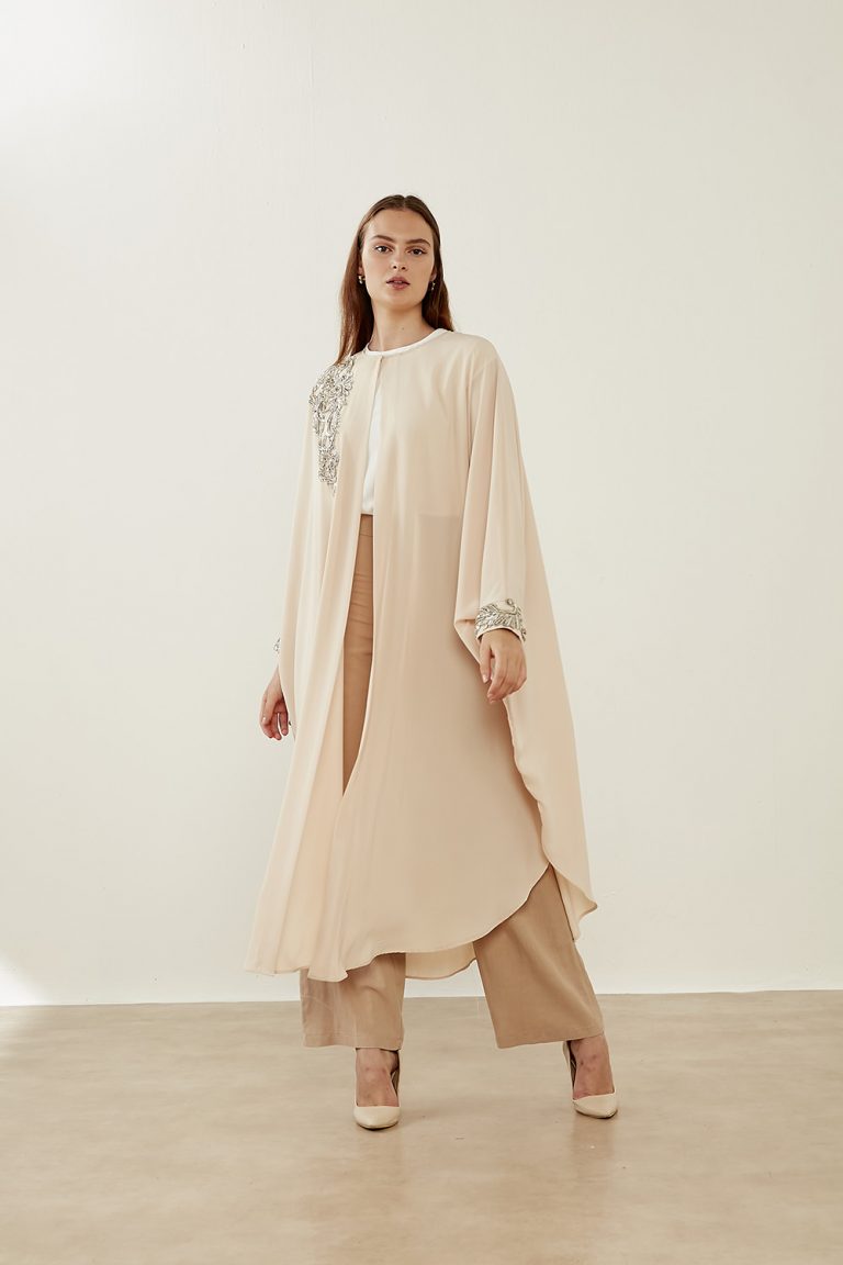Mizalle Lame Boncuk İşli Pudra Epebe Şifon Abaya - Mizalle