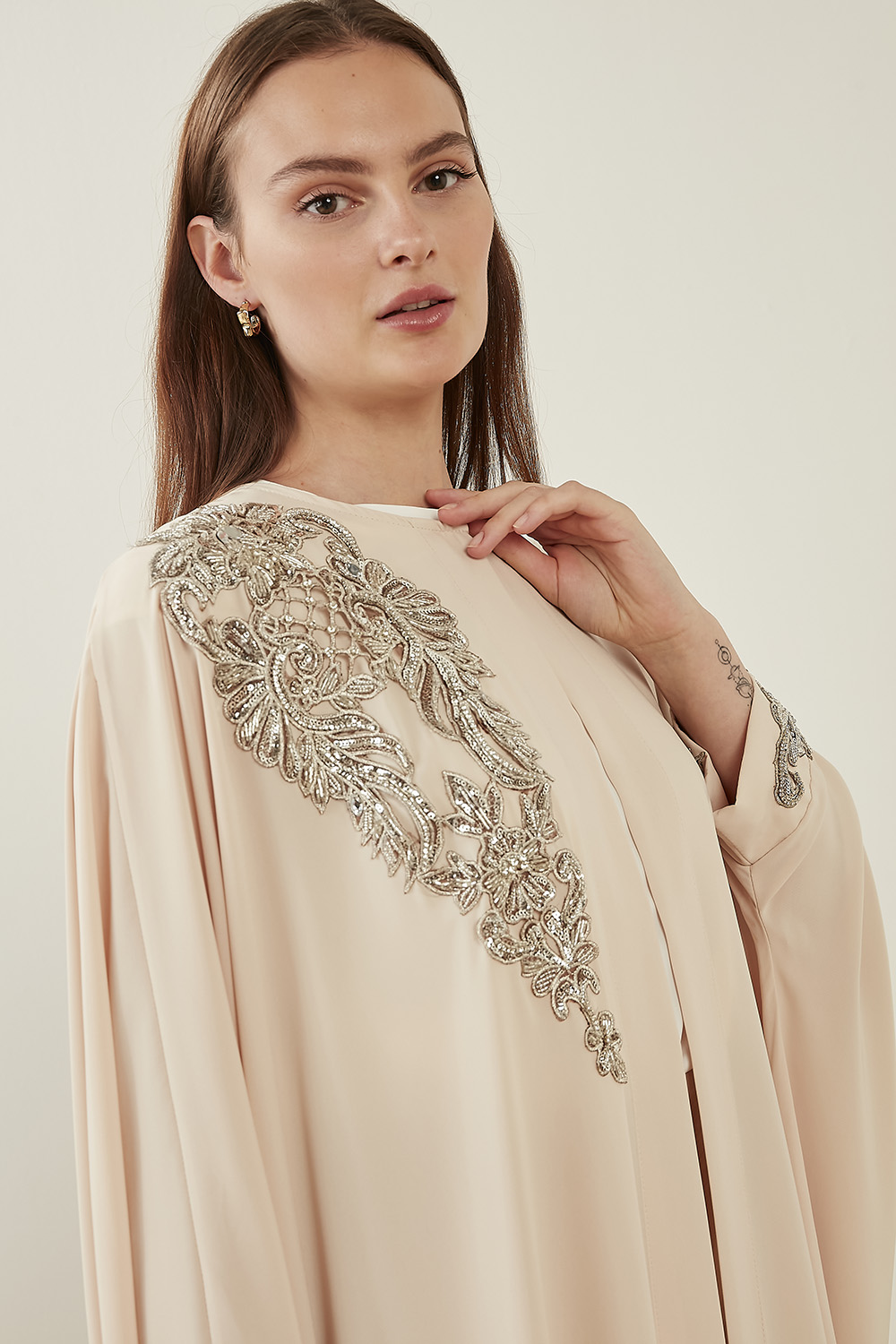 Mizalle Lame Boncuk İşli Pudra Epebe Şifon Abaya
