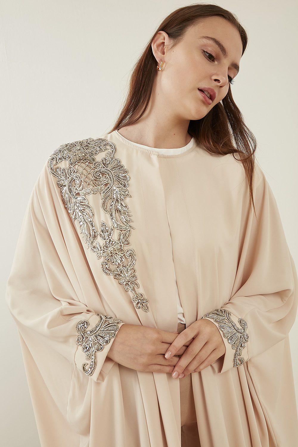 Mizalle Lame Boncuk İşli Pudra Epebe Şifon Abaya