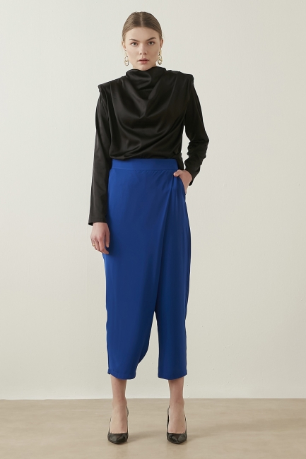 Mizalle - Mizalle Anvelop Detaylı Kısa Paça Mavi Harem Pantolon