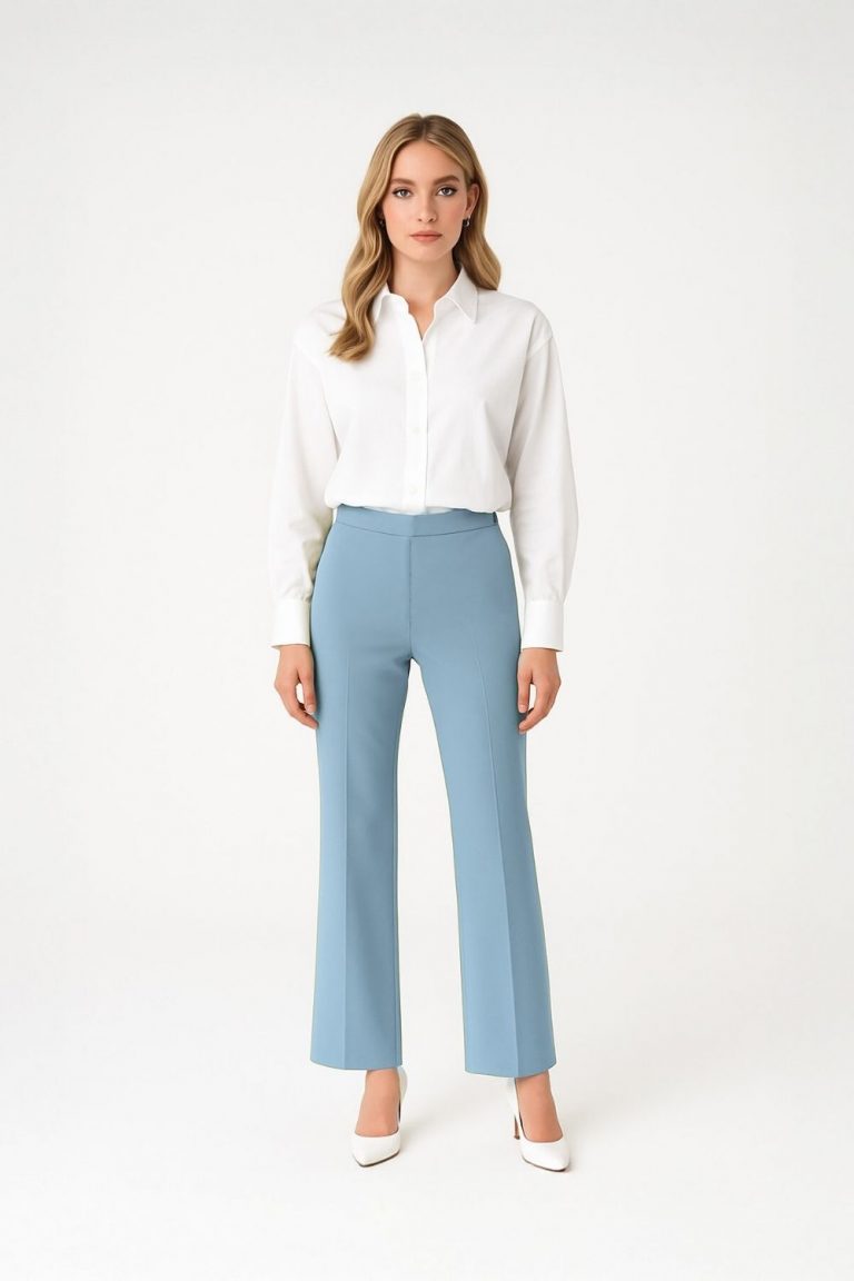 Mizalle Beli Lastikli İnce Krep Mavi Klasik Pantolon - Mizalle