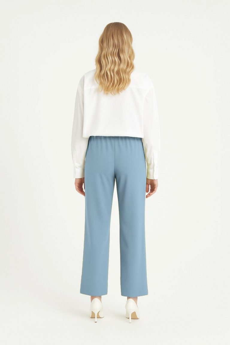 Mizalle Beli Lastikli İnce Krep Mavi Klasik Pantolon - Mizalle