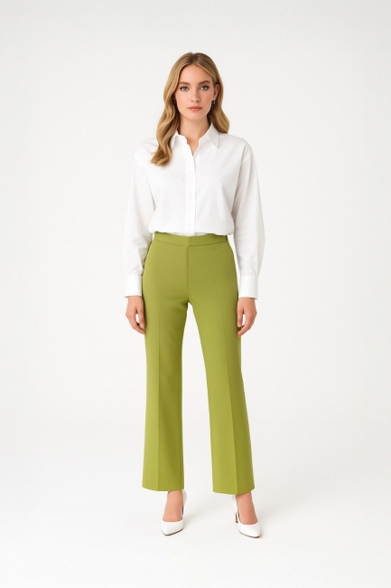 Mizalle - Mizalle Beli Lastikli İnce Krep Yeşil Klasik Pantolon