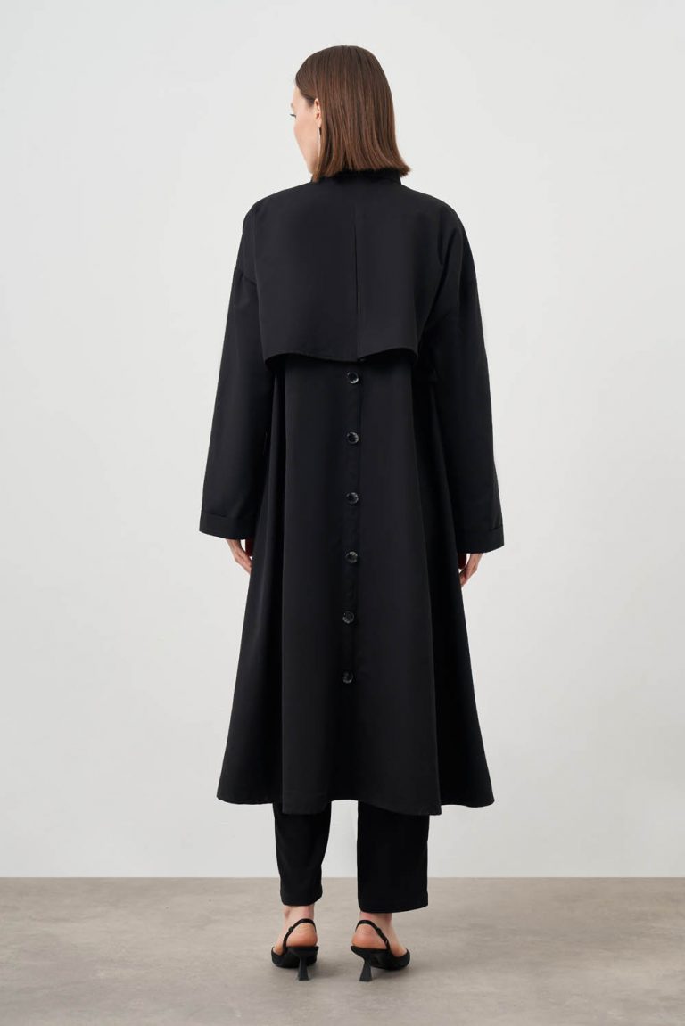 Mizalle Arkası Düğmeli Uzun Siyah Trençkot - Mizalle