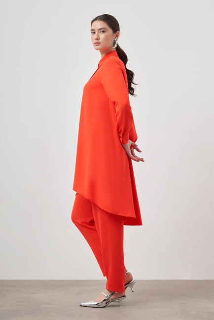 Mizalle - Mizalle Nar Çiçeği Asimetrik Uzun Tunik