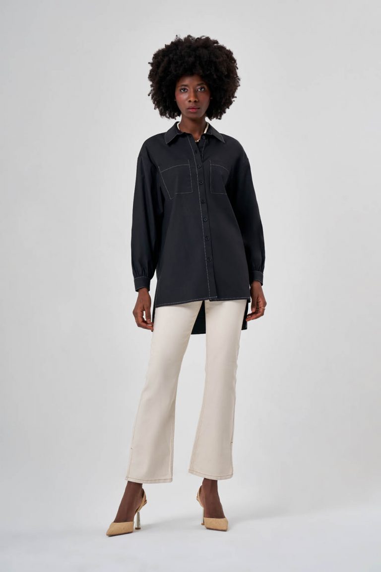 Mizalle Dikiş Detaylı Arkası Uzun Siyah Gömlek - Mizalle