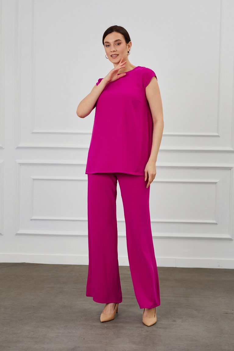 Mizalle Ay Kollu İnce Krep Fuşya Yuvarlak Yaka Bluz - Mizalle