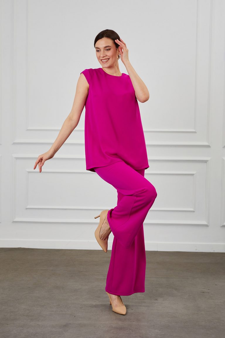 Mizalle Ay Kollu İnce Krep Fuşya Yuvarlak Yaka Bluz - Mizalle