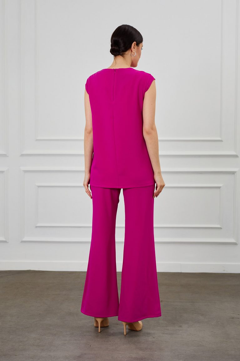 Mizalle Ay Kollu İnce Krep Fuşya Yuvarlak Yaka Bluz - Mizalle