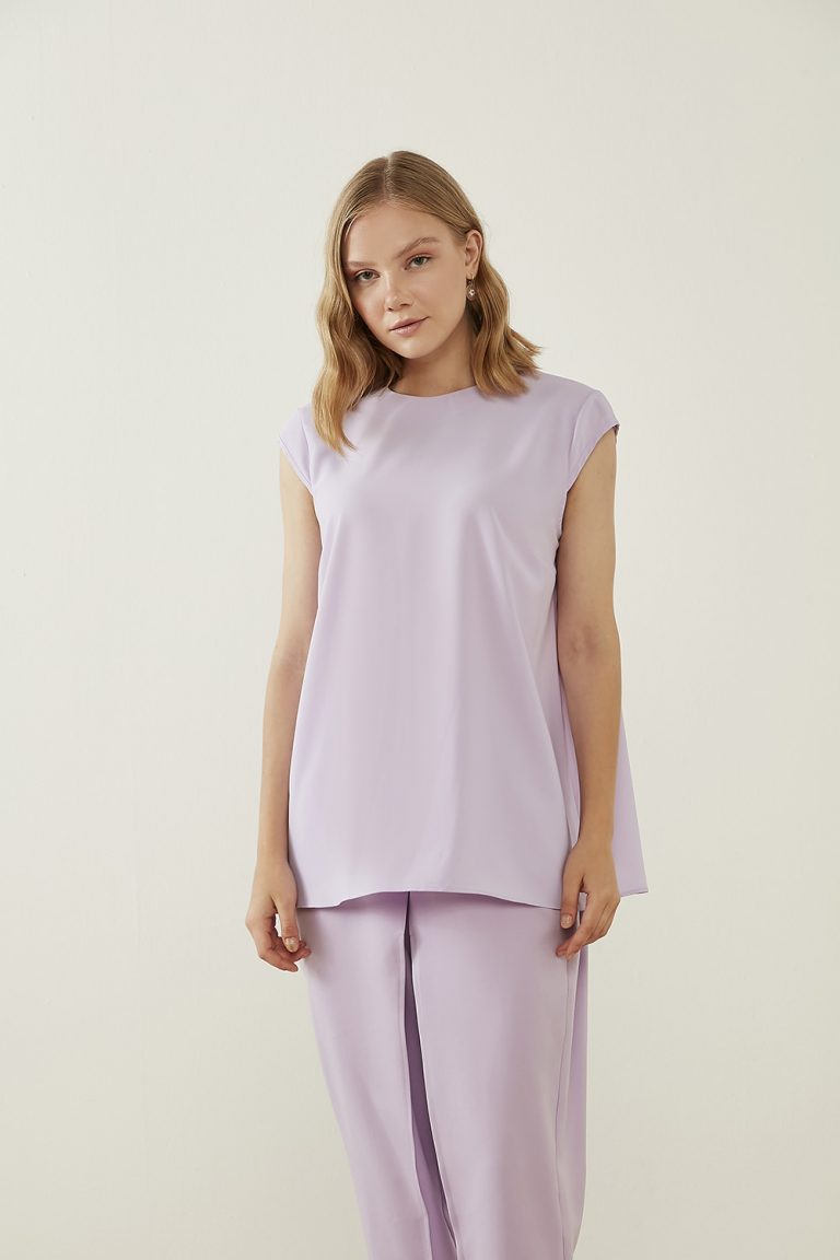 Mizalle Ay Kollu İnce Krep Lila Yuvarlak Yaka Bluz - Mizalle