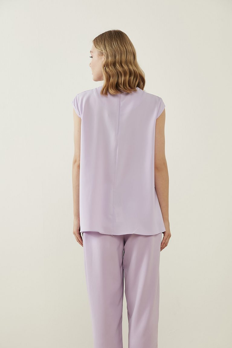 Mizalle Ay Kollu İnce Krep Lila Yuvarlak Yaka Bluz - Mizalle