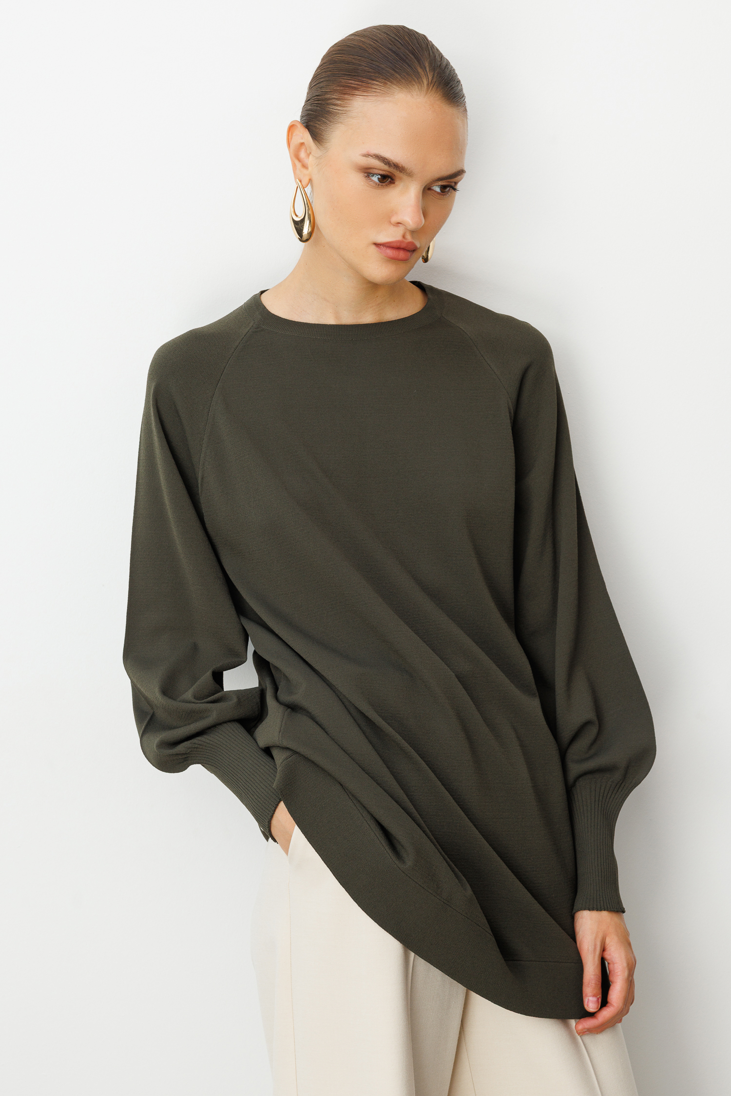 Mizalle Yuvarlak Yaka Balon Kollu Haki Rayon Tunik