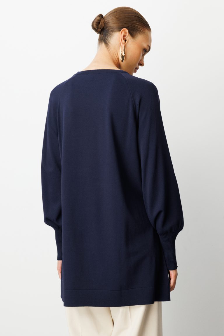 Mizalle Yuvarlak Yaka Balon Kollu Lacivert Rayon Tunik - Mizalle