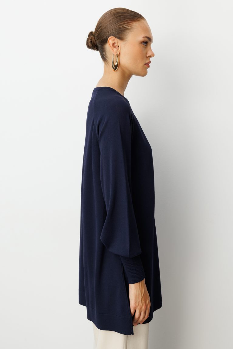 Mizalle Yuvarlak Yaka Balon Kollu Lacivert Rayon Tunik - Mizalle