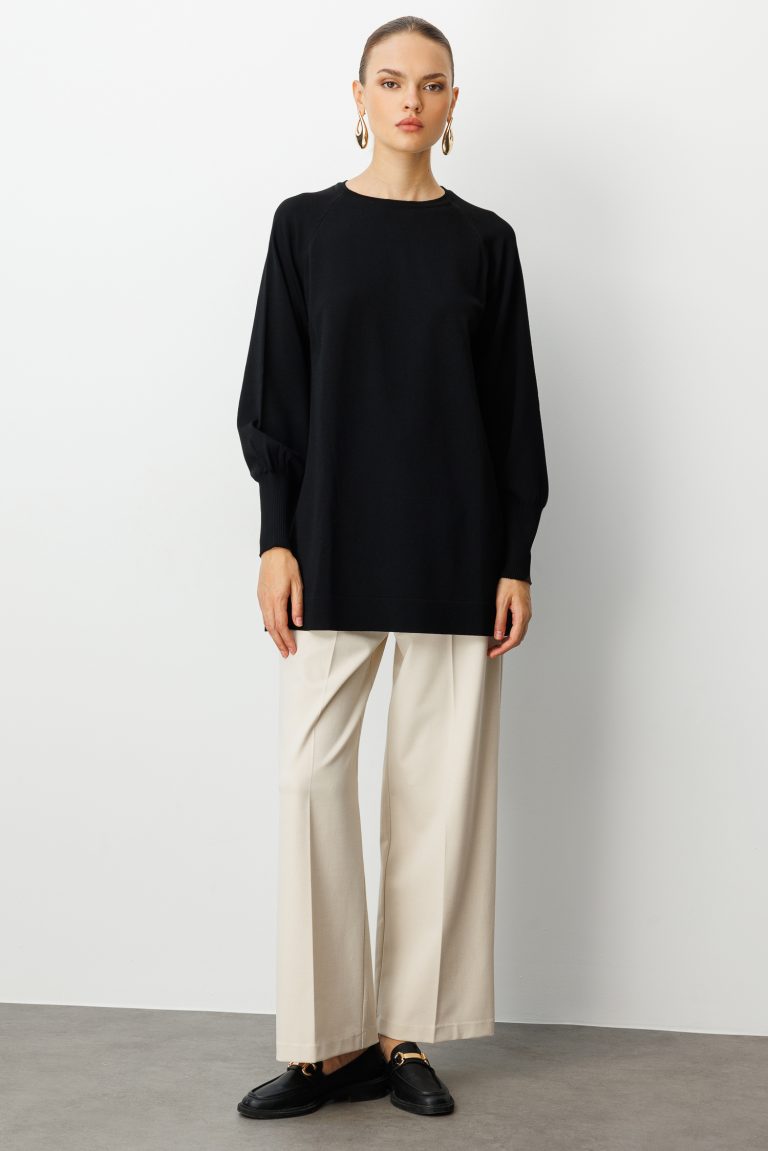 Mizalle Premium Rayon Balon Kol Siyah Triko Tunik - Mizalle