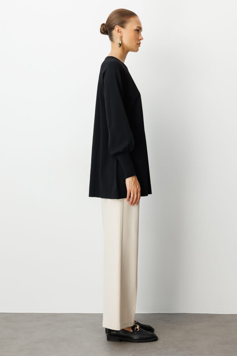 Mizalle Premium Rayon Balon Kol Siyah Triko Tunik - Mizalle