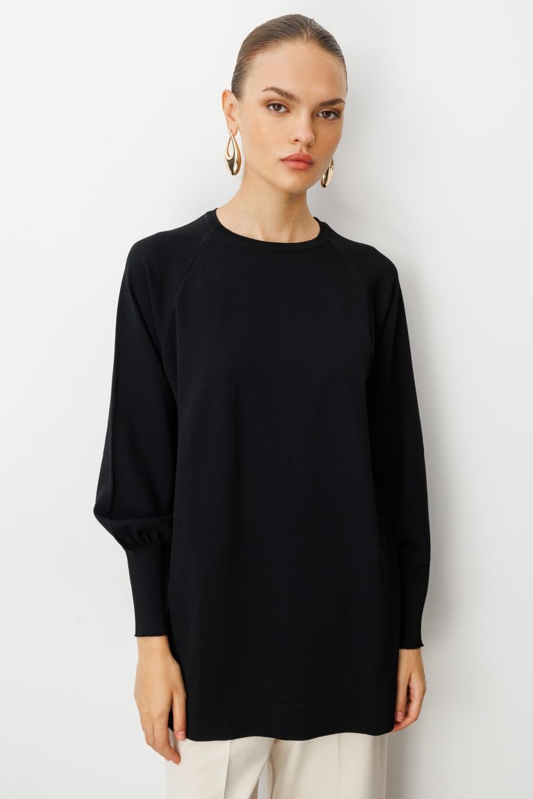 Mizalle Premium Rayon Balon Kol Siyah Triko Tunik - Mizalle