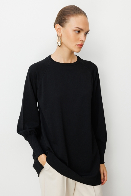 Mizalle - Mizalle Premium Rayon Balon Kol Siyah Triko Tunik