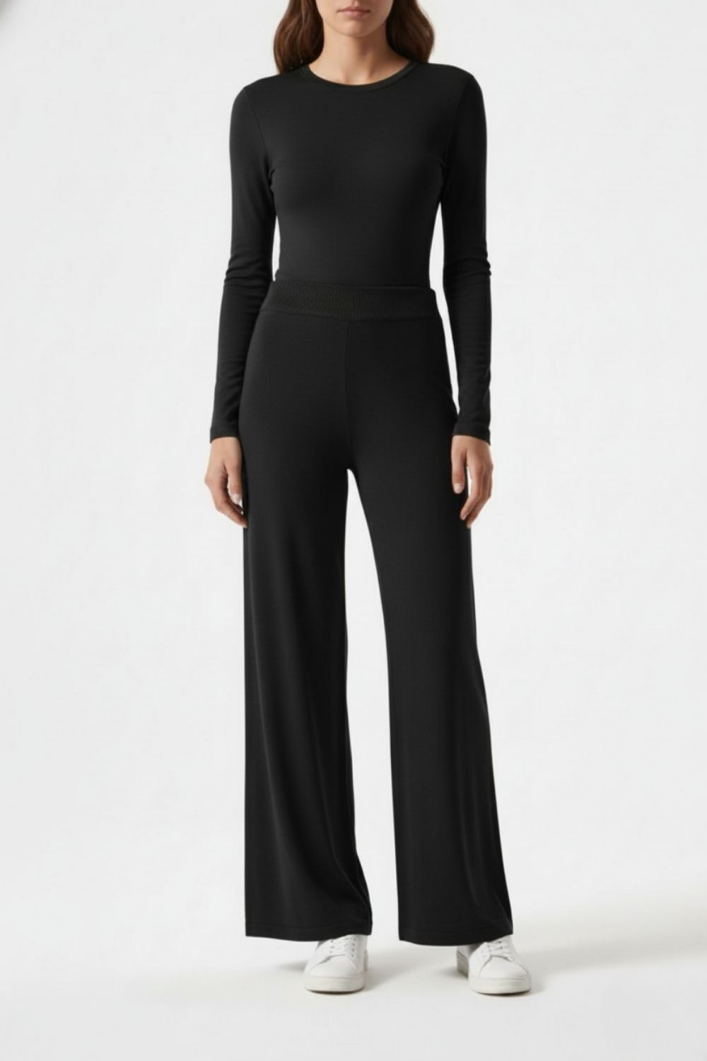 Mizalle Geniş Paça Lastikli Siyah Triko Pantolon - 1