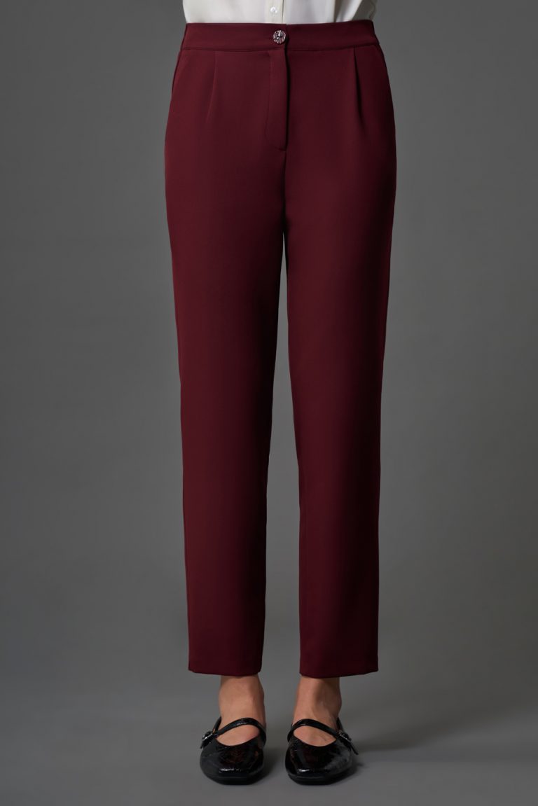 Mizalle Tek Pile Basic Beli Lastikli Günlük Bordo Kumaş Pantolon - Mizalle