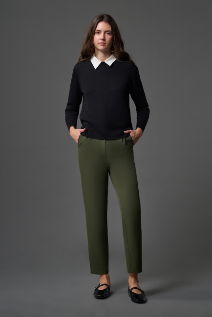 Mizalle - Mizalle Tek Pile Basic Beli Lastikli Günlük Haki Kumaş Pantolon Mizalle - Mizalle Tek Pile Basic Beli Lastikli Günlük Haki Kumaş Pantolon