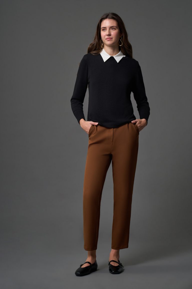 Mizalle Tek Pile Basic Beli Lastikli Günlük Kahverengi Kumaş Pantolon - Mizalle