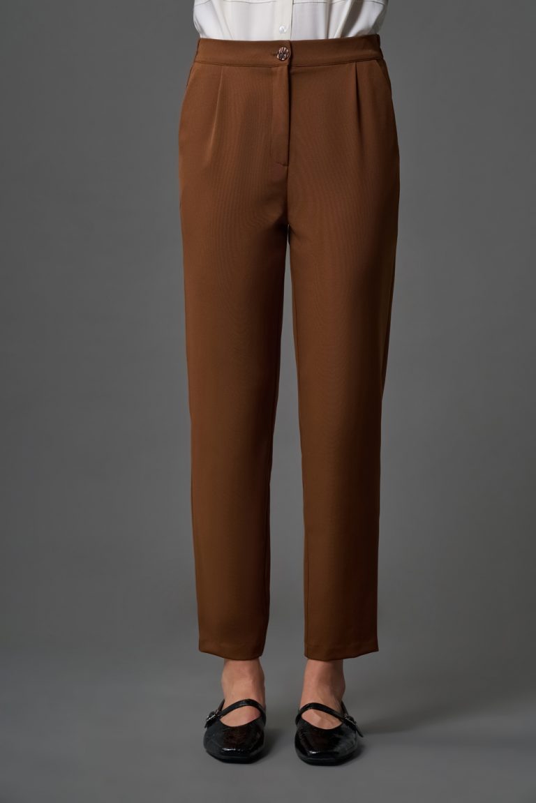 Mizalle Tek Pile Basic Beli Lastikli Günlük Kahverengi Kumaş Pantolon - Mizalle